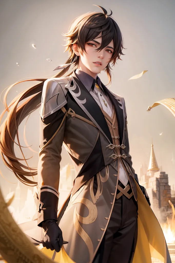 This is an image of a character from the game Genshin Impact. The character is named Zhongli, and he is a tall, handsome man with brown hair and amber eyes. He is wearing a black suit with gold accents and a white cravat. He is also wearing a pair of black gloves and a brown hat. Zhongli is standing in a confident pose, with his left hand on his hip and his right hand holding a book. He has a serious expression on his face, and he seems to be lost in thought. In the background, there is a city with tall buildings and a large clock tower. The sky is a gradient of orange and yellow.