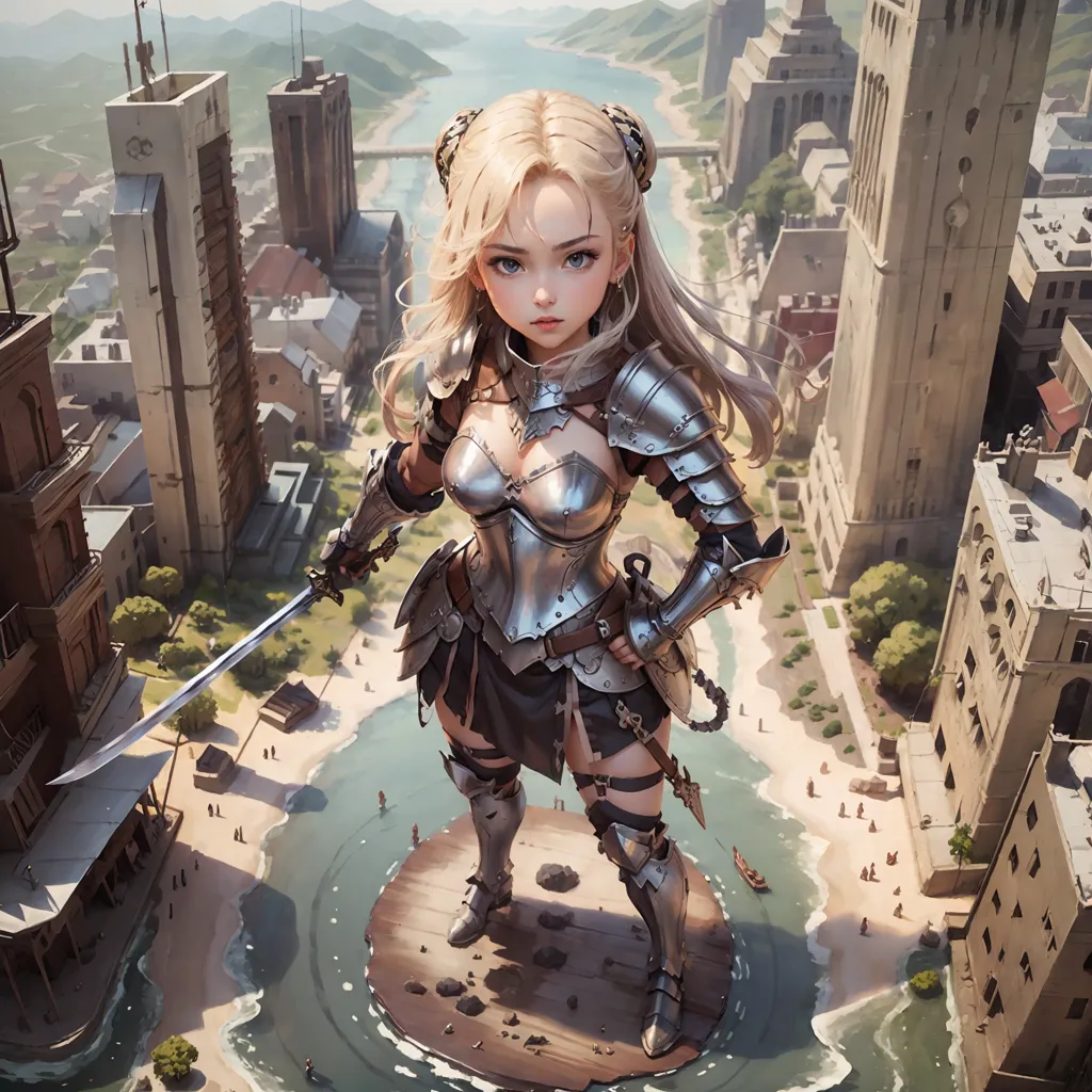 The image shows a blonde woman wearing silver armor. She is standing on a wooden platform in the middle of a city. The city is surrounded by mountains and there is a river running through it. The woman is holding a sword in her right hand and a shield in her left hand. She is looking down at the city with a determined expression on her face.