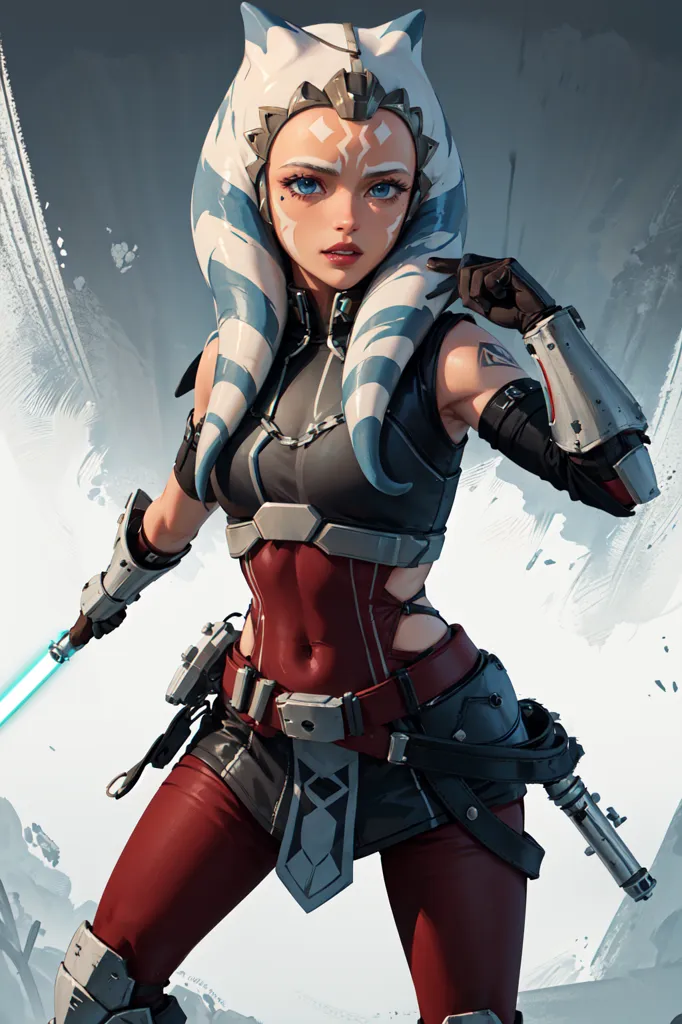 This is an image of a young woman with montrals and lekku, which are head-tails associated with the Togruta species in the Star Wars franchise. She is wearing a revealing outfit that is mostly red and black with some silver accents. She is also wearing a belt with a silver buckle and has a lightsaber in her right hand. Her montrals and lekku are white and blue, and her skin is light blue. She has a confident expression on her face and is looking at the viewer. The background is a light blue color with some white streaks.