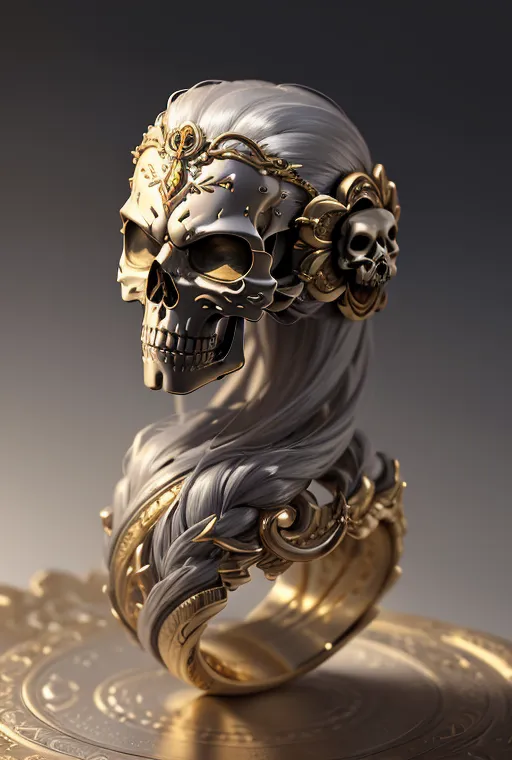 Esta es una representación en 3D de un anillo con forma de calavera. El anillo está hecho de oro y plata y presenta una calavera con largo cabello blanco. La calavera está rodeada de intrincado filigrana de oro y tiene dos pequeñas calaveras a cada lado. El anillo está sobre una placa de oro.