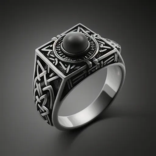 The image is a 3D rendering of a silver ring with a black stone. The ring has a square bezel with a Celtic knot design on the sides. The band of the ring is also decorated with Celtic knots. The ring is shown on a dark background.