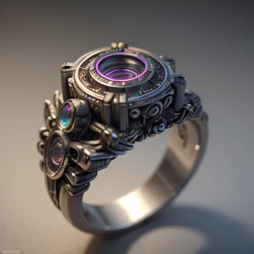 L'image représente une bague en argent ou en or blanc avec une pierre violette au centre. La bague est décorée de gravures et de filigrane complexes, et a un design unique qui ressemble à un objectif d'appareil photo.