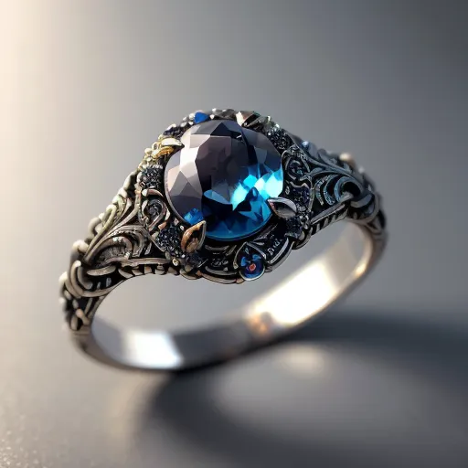 This is a beautiful ring. The ring is made of silver and has a large blue stone in the center. The stone is surrounded by smaller white stones. The ring is decorated with intricate carvings.