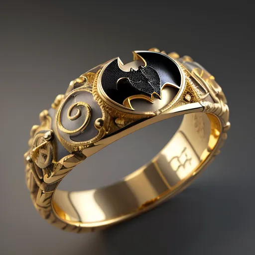 The image is a gold ring with a black enamel bat symbol in the center. The ring is decorated with intricate scrollwork and filigree, and has a high polish finish. The inside of the ring is stamped with the maker's mark and the metal purity.