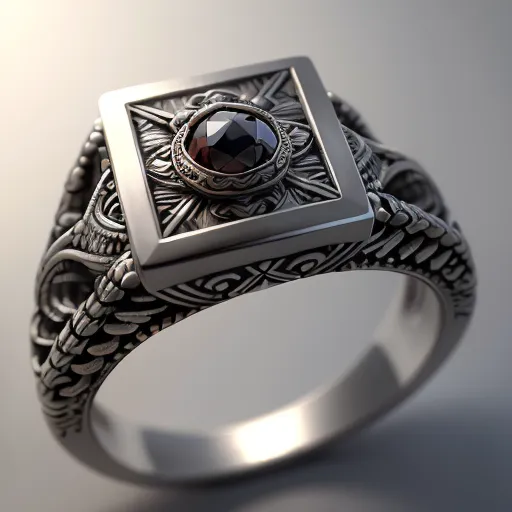 The image is a 3D rendering of a silver ring with a red gemstone. The ring has an ornate design with Celtic knots and flourishes. The gemstone is set in a square bezel and is surrounded by four small diamonds. The ring is on a white background and is lit by a soft light.