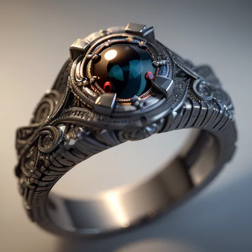 The image is a 3D rendering of a ring. The ring is made of silver and has a large, round, black gemstone in the center. The gemstone is surrounded by four small, red gemstones. The ring is also decorated with intricate carvings.