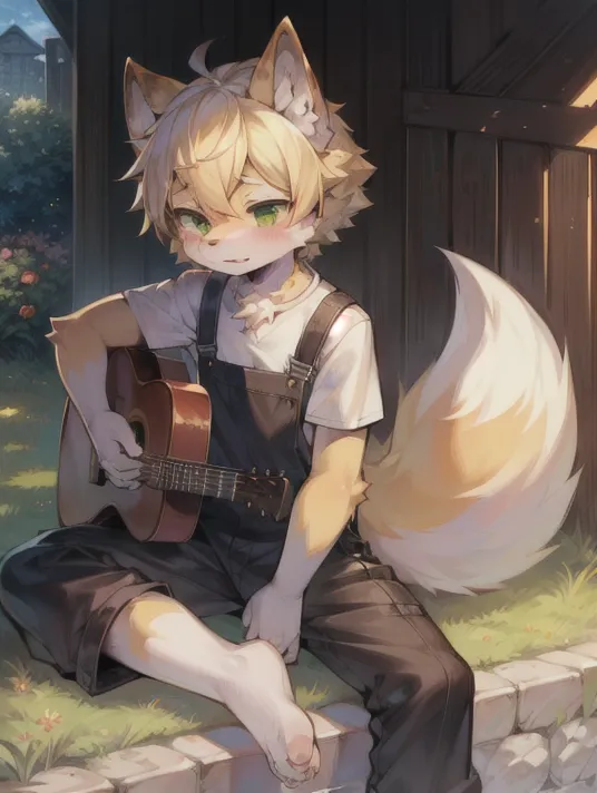 The image is of a young man with blond hair and green eyes. He has fox ears and a fox tail, and is wearing a white shirt, brown overalls, and no shoes. He is sitting on a low wall, playing a guitar. There are some flowers and plants in the background. The image is drawn in a realistic style, and the colors are soft and muted.