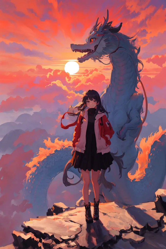 The image is of a girl standing on a cliff. The sky is a bright orange and the sun is setting. The girl is wearing a black skirt, a red jacket, and brown boots. She has long black hair and red eyes. There is a large blue dragon behind her. The dragon has its mouth open and is looking at the girl.