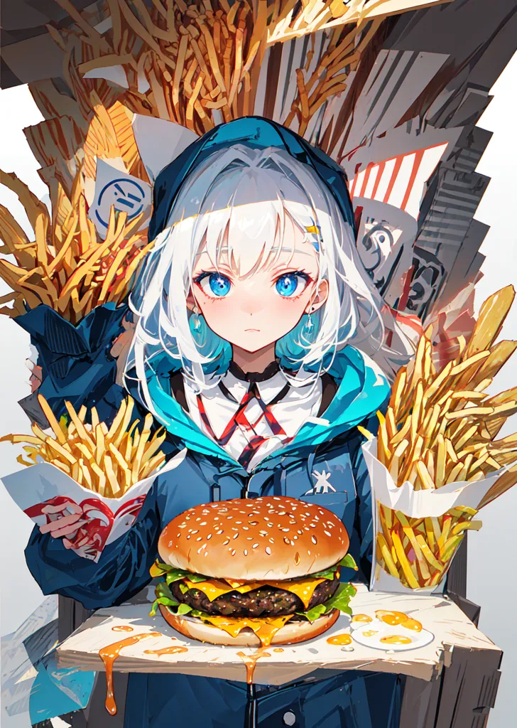 L'image représente une fille de style anime aux cheveux blancs et aux yeux bleus. Elle porte une veste bleue et un chemisier blanc. Elle est assise sur un tas de frites et il y a un hamburger devant elle. L'arrière-plan est blanc avec quelques touches de rouge et de jaune.