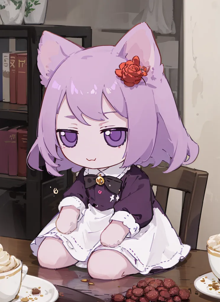 The image is of a chibi anime girl with purple hair and cat ears. She is wearing a black and white maid outfit with a red rose in her hair. She is sitting in a chair at a table with a cup of tea and a plate of sweets. The background is a bookshelf with a few books on it.