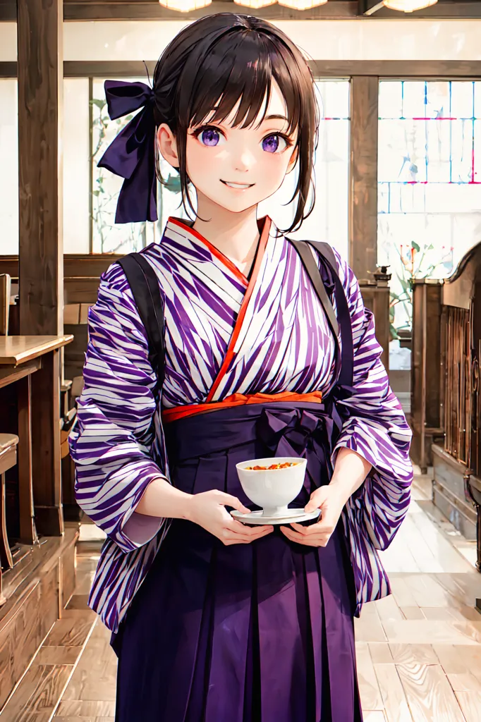 The image shows a young woman wearing a purple kimono with a white and pink sash and a large purple bow in her hair. She is holding a small white cup and saucer in her hands. She is standing in a traditional Japanese restaurant, with wooden walls and floors, and a paper lantern hanging from the ceiling.