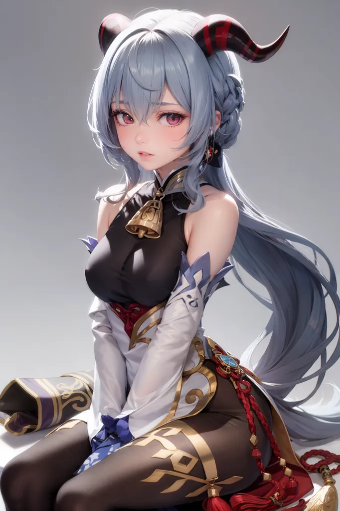 The image is of an anime-style girl with long silver hair and red horns. She is wearing a black and white cheongsam-style dress with red and gold accents. She is also wearing a bell necklace and has a red ribbon in her hair. She is sitting on a gray surface with her legs crossed and her hands resting on her lap. She has a shy expression on her face and is looking at the viewer with her red eyes.