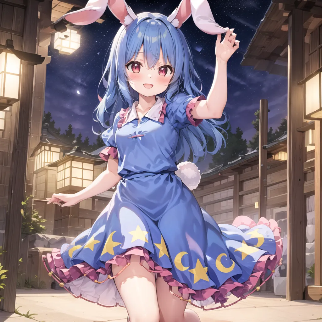 The image is of an anime-style girl with long blue hair and rabbit ears. She is wearing a blue dress with white and pink accents. She is standing in a street with traditional Japanese architecture and paper lanterns. The background is a night sky with a full moon. The girl is smiling and has her right hand raised in the air.