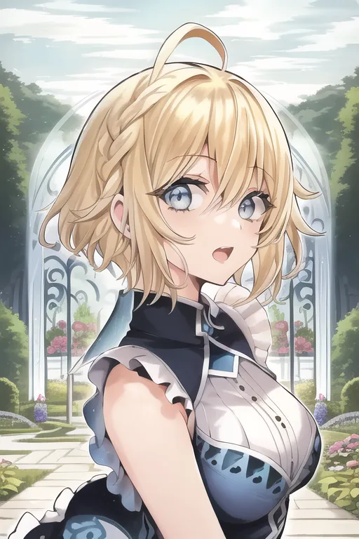 The image is a portrait of a young woman with short blonde hair and blue eyes. She is wearing a white and blue dress with a lace collar. She is standing in a garden, with a large fountain behind her. The image is drawn in a realistic style, with soft shading and highlights. The woman's expression is one of surprise or wonder.