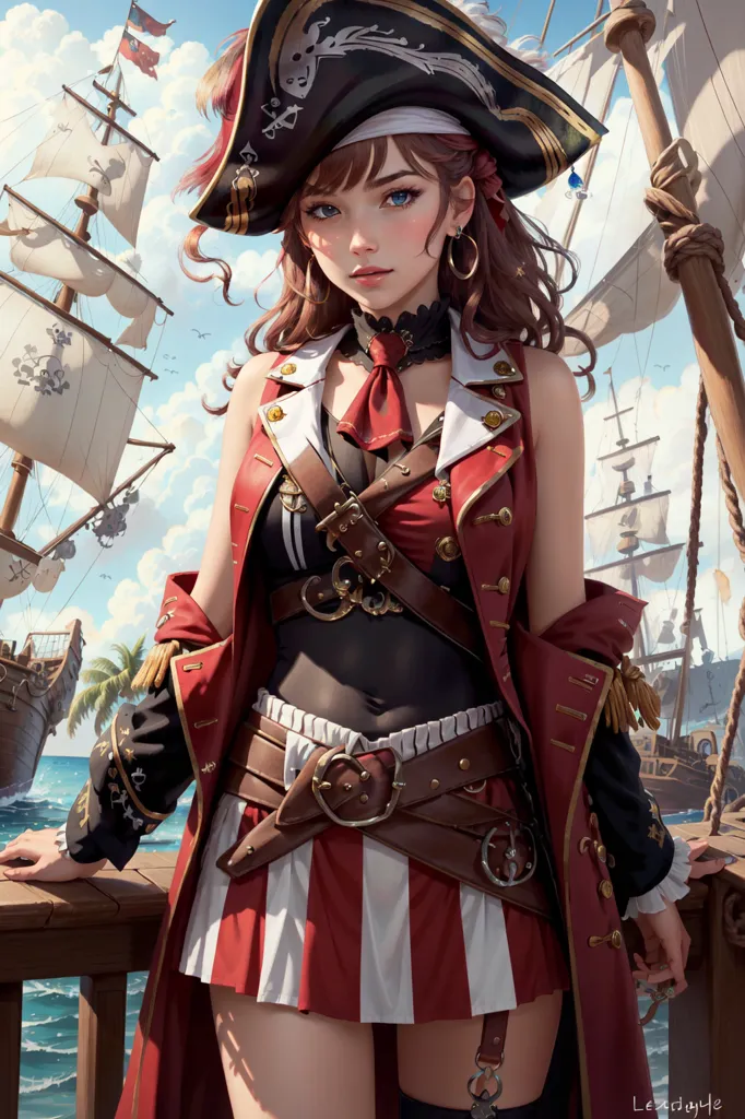 L'image montre une jeune femme déguisée en pirate. Elle porte une chemise rayée rouge et blanche, un gilet marron et une jupe noire. Elle a une épée à la main et un pistolet à la ceinture. Elle se tient debout sur un navire, et il y a d'autres navires en arrière-plan. La femme a de longs cheveux bruns et des yeux bleus. Elle regarde le spectateur avec une expression confiante.