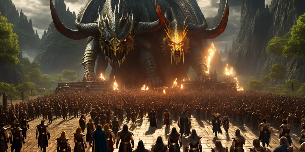 The image shows a large, imposing dragon standing on a raised platform in front of a vast army of human warriors. The dragon is black and gold, with large, powerful wings and a long, serpentine body. It has a single horn on its snout and two smaller horns above its eyes. The dragon's eyes are red and glow with a fierce intensity. The army of human warriors is gathered in front of the dragon, their weapons raised in defiance. The warriors are dressed in a variety of armor and clothing, and they come from all walks of life. They are united in their determination to defeat the dragon and its evil forces. In the background, a large castle can be seen, as well as a mountain range. The sky is dark and stormy, adding to the sense of danger and foreboding.