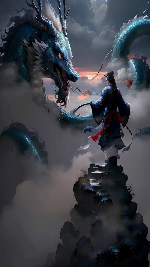 The image is a Chinese painting of a dragon and a man. The dragon is blue and white, with long, flowing hair and a beard. It has a fierce expression on its face and is baring its teeth. The man is standing on a rock in front of the dragon. He is wearing a blue robe with a white sash and has long, black hair. He is holding a sword in his right hand. The background of the image is a dark, cloudy sky.