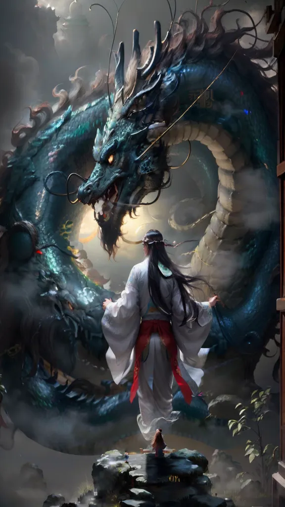 The image is a depiction of a Chinese dragon. The dragon is blue and green, with a long, serpentine body and a head that is similar to that of a lion. It has four legs, each of which has five claws. The dragon is standing on a rock in front of a large gate. There is a person standing in front of the dragon. The person is wearing a white robe and has long black hair. The person is holding a sword. The dragon has its mouth open and is baring its teeth. The dragon is looking at the person. The person is looking at the dragon.