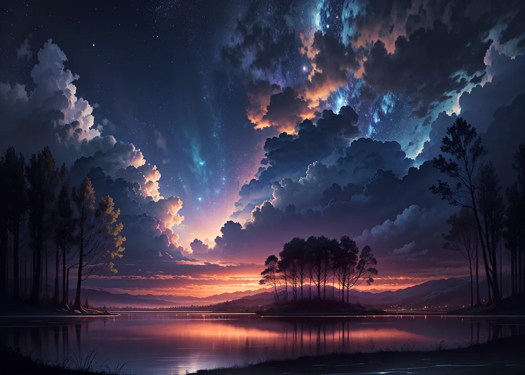 La imagen es una hermosa pintura de paisaje. El cielo está oscuro y nublado, con un brillante atardecer naranja en el horizonte. Las nubes se reflejan en el agua de abajo, y hay árboles en la orilla. La imagen es pacífica y serena, y evoca una sensación de calma y tranquilidad.