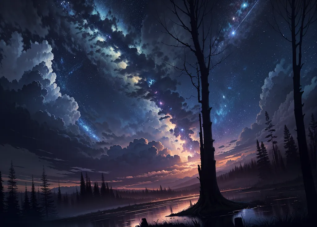 The image is a beautiful landscape painting of a night sky. The sky is dark and filled with stars and a few shooting stars can be seen streaking across the sky. There is a large tree in the foreground of the image, its branches reaching out towards the sky. The tree is silhouetted against the night sky and its leaves are a deep green. There is a body of water in the middle of the image, reflecting the night sky and the trees on the shore. The water is calm and still, and the only sound is the gentle lapping of the waves against the shore. The image is peaceful and serene, and it evokes a sense of wonder and awe.