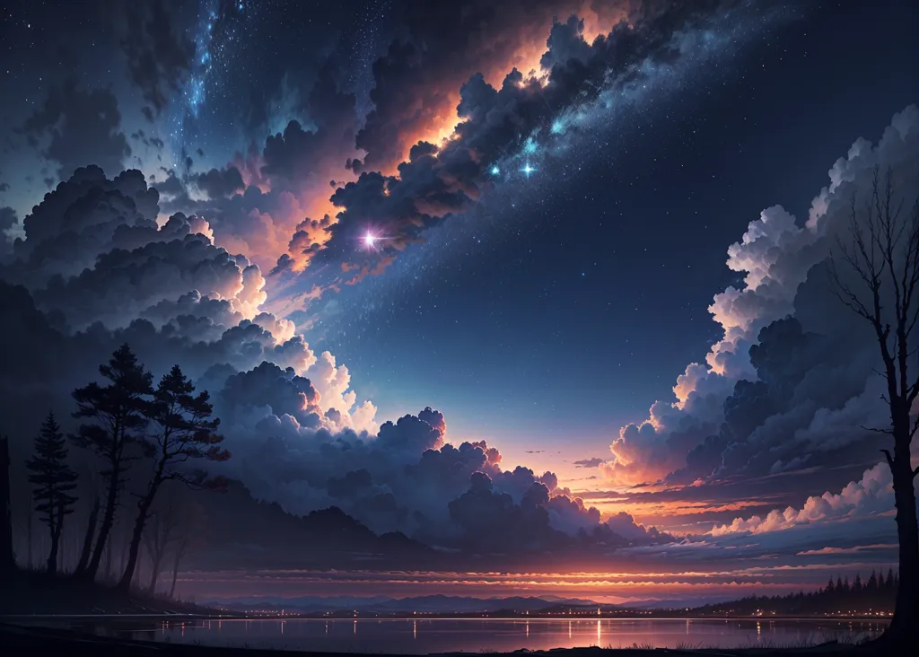 The image is a beautiful landscape painting in muted colors. The sky is dark blue and cloudy, with a few stars shining through the clouds. The clouds are a mix of light and dark, and they are reflected in the water below. The trees are dark and silhouetted against the sky. The sky is a gradient of orange, pink, blue, and purple. The clouds are white and fluffy, and they are backlit by the setting sun. The water is a deep blue, and it is reflecting the light of the sky. The trees are dark and silhouetted, and they are reflected in the water. The image is peaceful and serene, and it captures the beauty of a summer night.