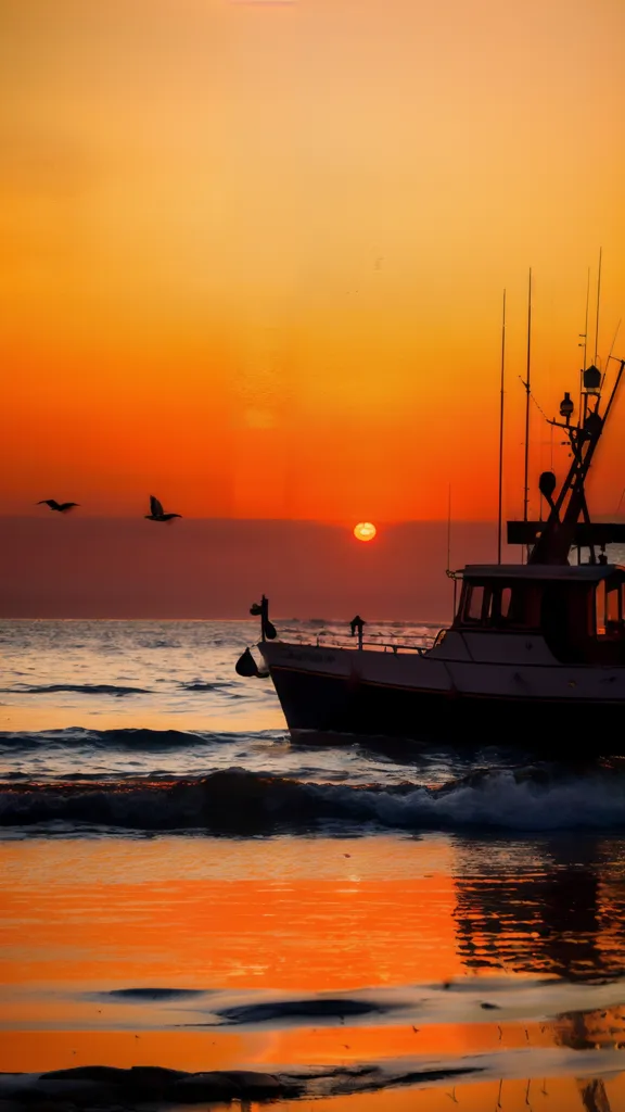 L'image montre un bateau de pêche en mer. Le ciel est orange et le soleil se couche. Le bateau est noir et blanc. Il y a quelques oiseaux qui volent dans le ciel. L'eau est calme. L'image est paisible et sereine.