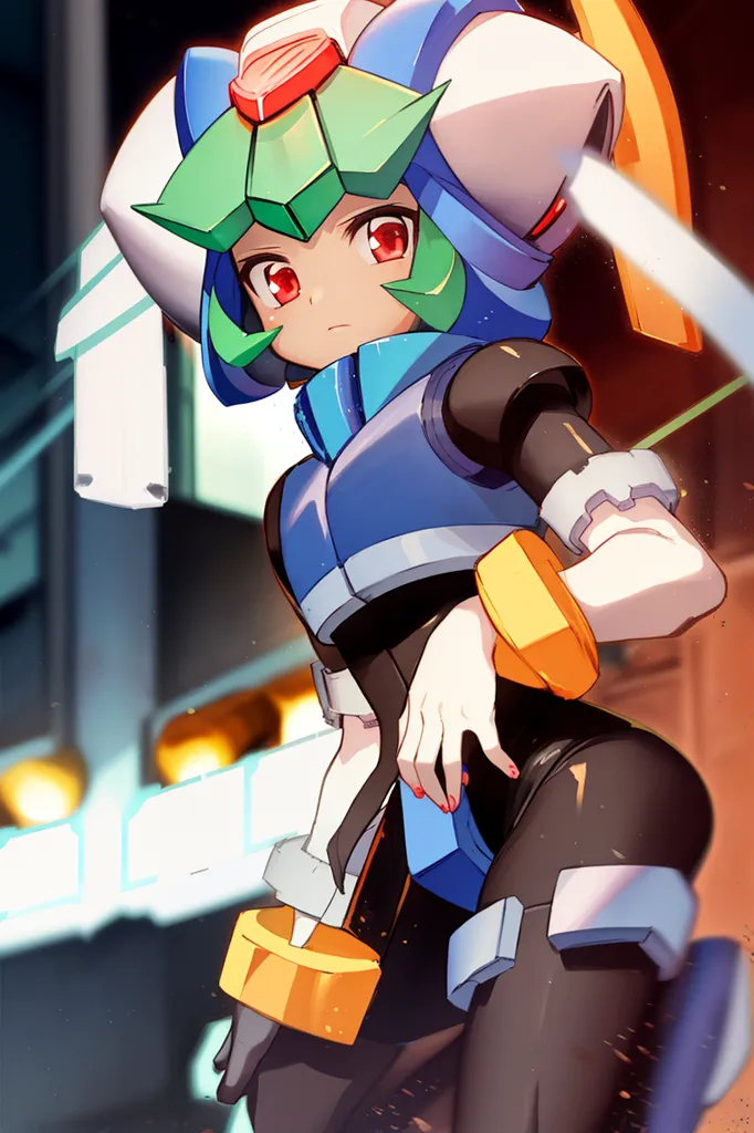 The image is of a robot girl with green hair and red eyes. She is wearing a blue and white helmet with a green visor. She is also wearing a black and yellow bodysuit. The girl is standing in a fighting stance. She looks like she is ready to attack.