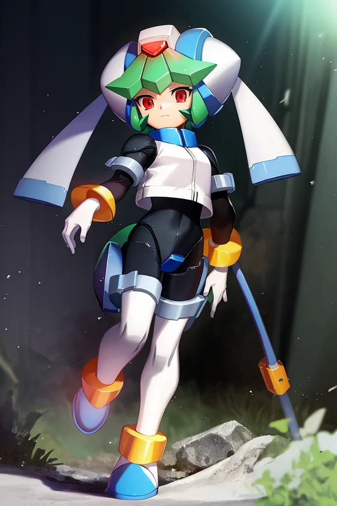 The image is of a female character with green hair and red eyes. She is wearing a white and blue outfit with a green and white helmet. She has a buster arm cannon attached to her right arm. She is standing in a forest setting with a determined look on her face.