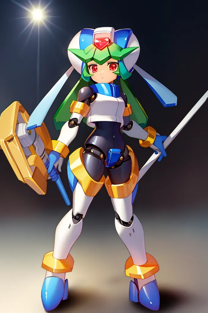 This is an image of a female character with green hair and red eyes. She is wearing a white and yellow bodysuit with a green helmet and boots. She is also carrying a large yellow shield and a sword. The character is standing in a dark room with a spotlight shining down on her.