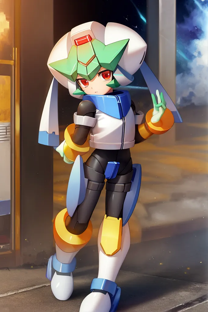 The image shows a robot boy with green hair and red eyes. He is wearing a white and blue jumpsuit with yellow and blue accents. He has a green and white helmet with a red jewel in the center. He is also wearing white and blue boots. He is standing in a city street with a building in the background. The sky is dark blue and there are stars in the sky.