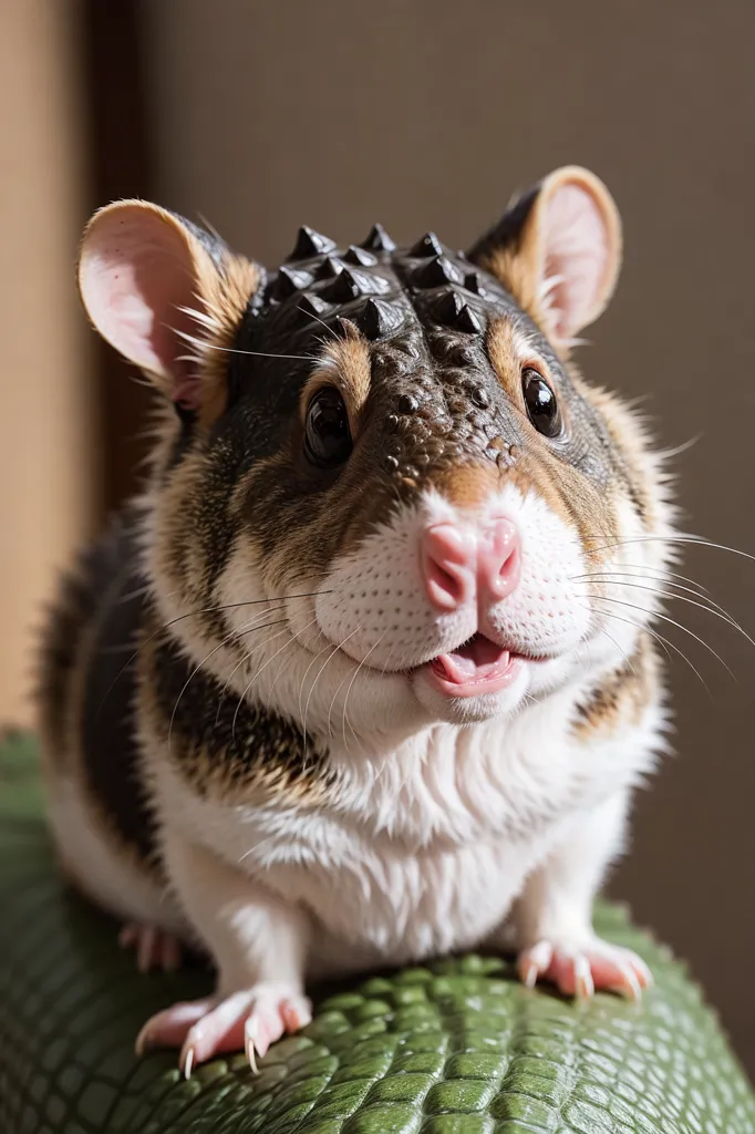 The image shows a close-up of a small rodent, possibly a hamster, with a unique and striking appearance. The most noticeable feature is the dark, spiky protrusions that cover the top of its head, resembling a spiked helmet or crown. The rest of its fur is a mix of brown and white, with the white fur concentrated on its belly and paws. The hamster's eyes are dark and round, with a hint of pink in the inner corners. Its nose is small and pink, and its mouth is slightly open, revealing its sharp white teeth. The hamster is sitting on a green surface, which could be a leaf or a piece of fabric. The background is blurry and out of focus, allowing the hamster to be the main focus of the image.