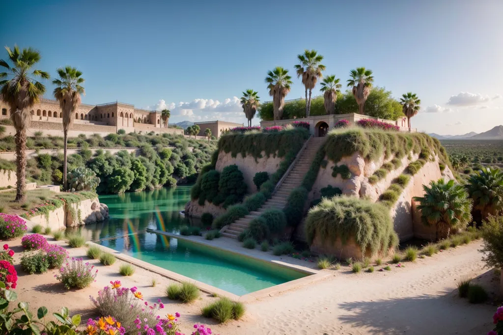 L'image montre une magnifique oasis au milieu d'un désert. Il y a un grand bassin d'eau entouré d'une végétation luxuriante et de palmiers. Il y a aussi ce qui semble être une ruine antique à l'arrière-plan. Le ciel est clair et bleu, et le soleil brille avec éclat. L'image est très paisible et sereine.