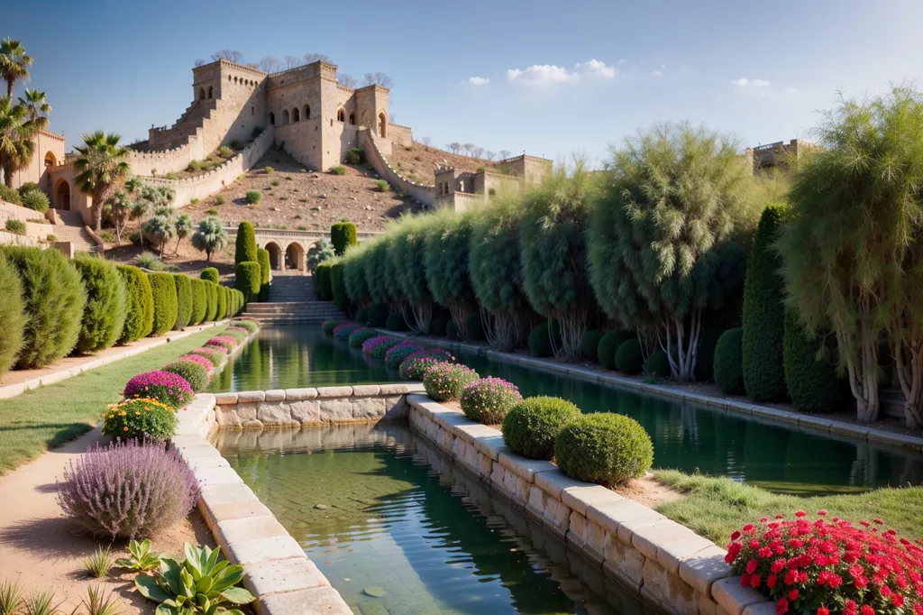 The image shows a beautiful garden with a long pool in the center. The pool is surrounded by lush green bushes and colorful flowers. There is a large castle on top of a hill in the background. The sky is blue and the sun is shining. The garden is well-maintained and looks very peaceful.