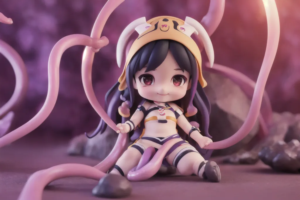 The image is a figurine of a young girl with long black hair and brown eyes. She is wearing a yellow and white striped bikini top and a pair of black and white striped shorts. She is also wearing a yellow hat with a cat face on it. She is sitting on a rock in a cave surrounded by pink tentacles. The tentacles are wrapped around her arms and legs. The girl has a happy expression on her face.