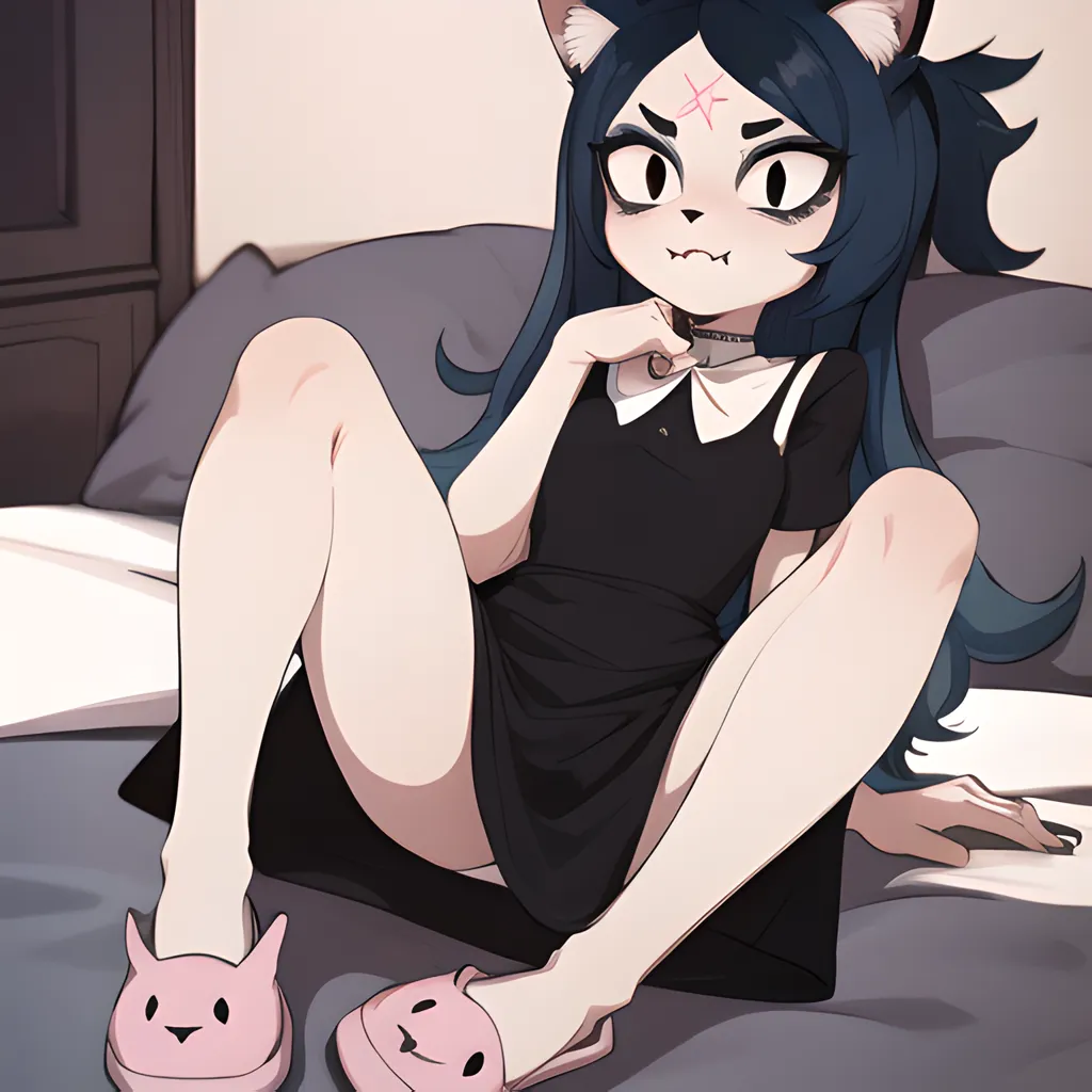 The image is of a young woman with cat ears and a tail. She is sitting on a bed, wearing a black dress and pink slippers. She has a collar around her neck and a small cross on her forehead. She is looking at the viewer with a curious expression.