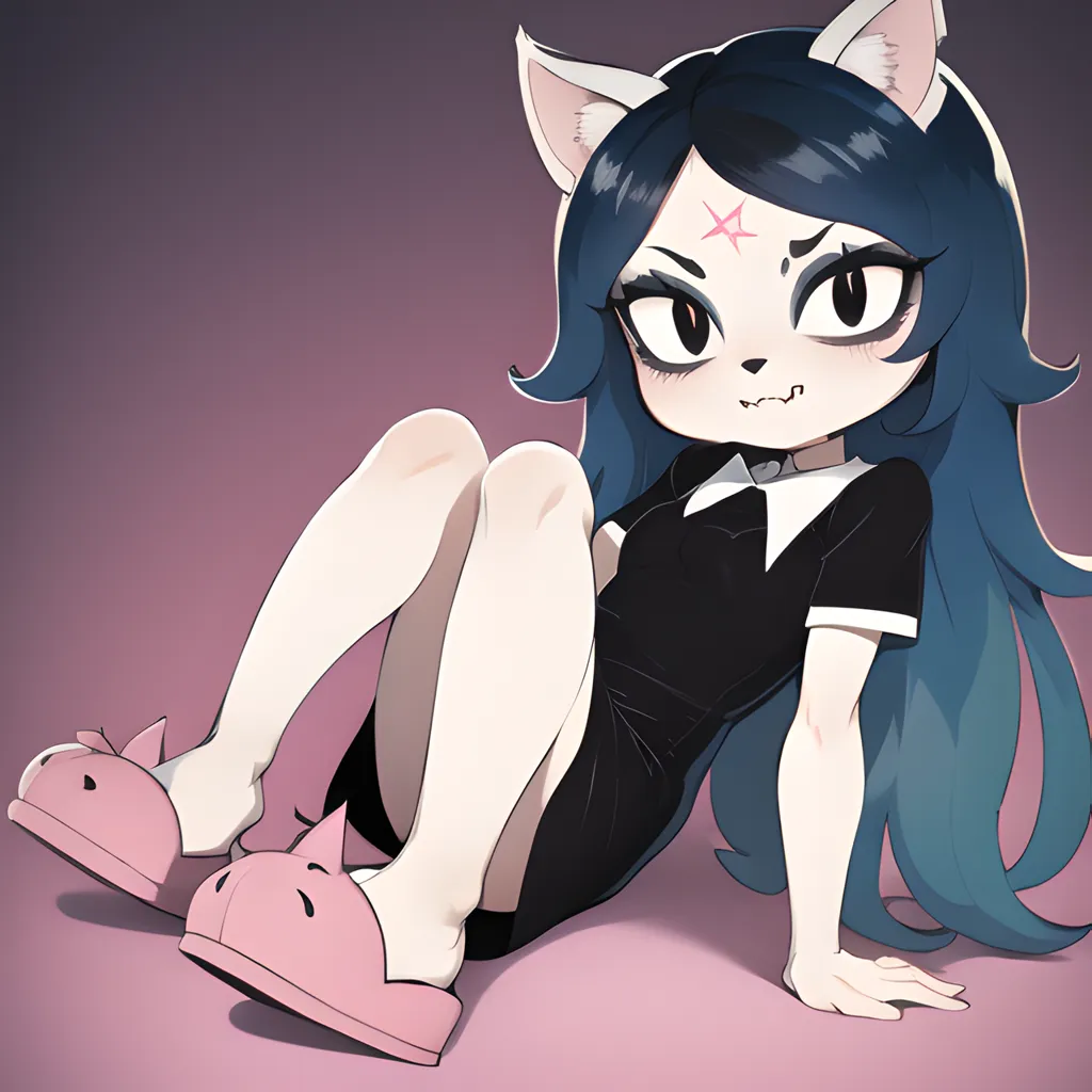 La imagen es de una chica gato con el cabello azul largo y zapatillas de gato rosas. Está usando un vestido negro con un cuello blanco. Está sentada en el suelo con las piernas cruzadas. Tiene una pequeña estrella roja en la frente.