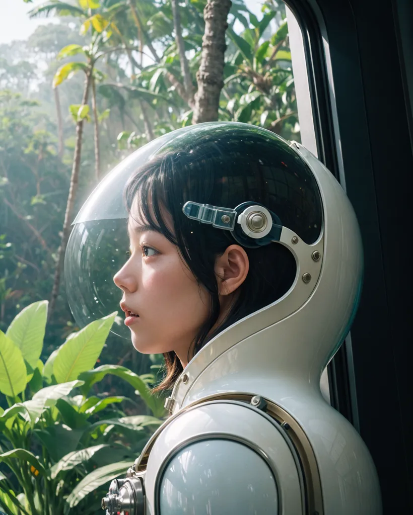 The image shows a young girl in a spacesuit looking out of a window. The window is surrounded by a lush green jungle. The girl is wearing a white spacesuit with a clear bubble helmet. She has short dark hair and brown eyes. She is looking out at the jungle with a look of wonder on her face. The image is full of contrast, with the bright white of the spacesuit against the dark green of the jungle. The image is also full of mystery, as it is unclear what the girl is doing in the jungle and what she is looking at.