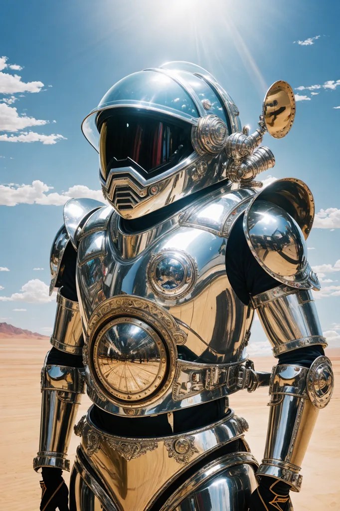 A imagem é de uma pessoa em um traje espacial futurista. O traje é feito de metal e tem uma superfície brilhante e reflexiva. O capacete tem um visor que também é reflexivo. A pessoa está em pé no deserto, e há montanhas ao fundo. O céu está azul e há nuvens no céu. O sol está brilhando e está projetando sombras no traje de armadura. A imagem é muito detalhada, e você pode ver os rebites e parafusos individuais no traje de armadura.