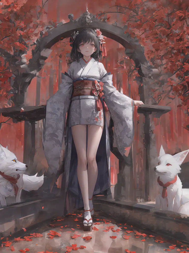 The image is of a young woman in a kimono standing in a forest. The woman has long black hair and red eyes. She is wearing a white and gray kimono with a red obi. The kimono has a floral pattern. The woman is barefoot. There are two white foxes on either side of her. The foxes are wearing red scarves. The woman is standing on a stone bridge. The bridge is surrounded by red leaves. There is a red torii gate in the background. The image is in a painterly style.