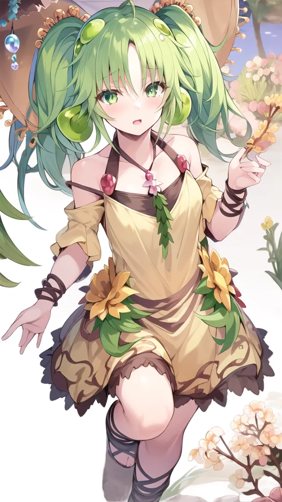 L'image est un dessin de style anime d'une fille aux longs cheveux verts et aux yeux verts. Elle porte une robe jaune avec un cache-cœur blanc en dessous. La robe a un motif de tournesols. Elle porte également des sandales marron et un collier fait de fleurs roses. Elle se tient dans un champ de fleurs et il y a un grand arbre derrière elle. L'arrière-plan est un dégradé de bleu clair à bleu foncé.