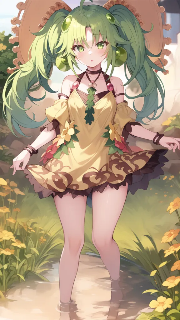 The image is an anime-style drawing of a girl with long green hair and green eyes. She is wearing a yellow dress with a white camisole and a brown belt. She is also wearing a large straw hat with a brown band. She is standing in a field of flowers, and there is a large tree behind her. The girl is smiling and looks happy.