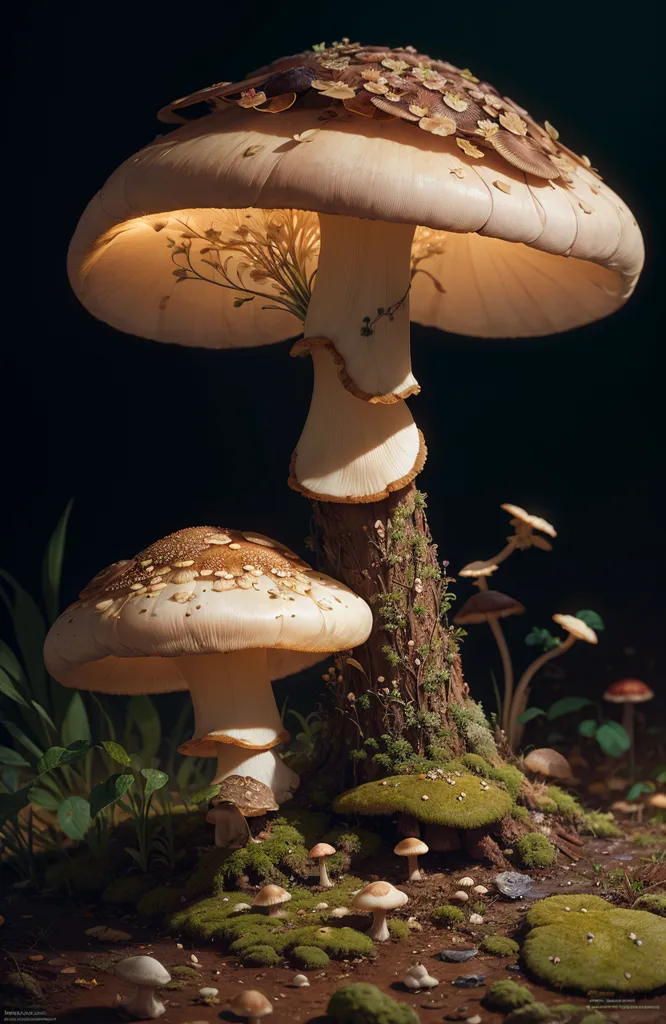 This is a photo of two large mushrooms. The mushrooms are both white with brown spots. The larger mushroom has a hole in the top of it and there are small mushrooms growing out of the hole. The mushrooms are growing in a forest. There are green plants and moss growing around the mushrooms. There is a small white pebble on the ground. The background of the photo is black.