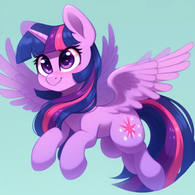 The image shows a purple pony with dark purple mane and tail. She has light purple wings and a cutie mark of a pink star with five points surrounded by a light blue circle on her flank. She is smiling and has her wings spread out.