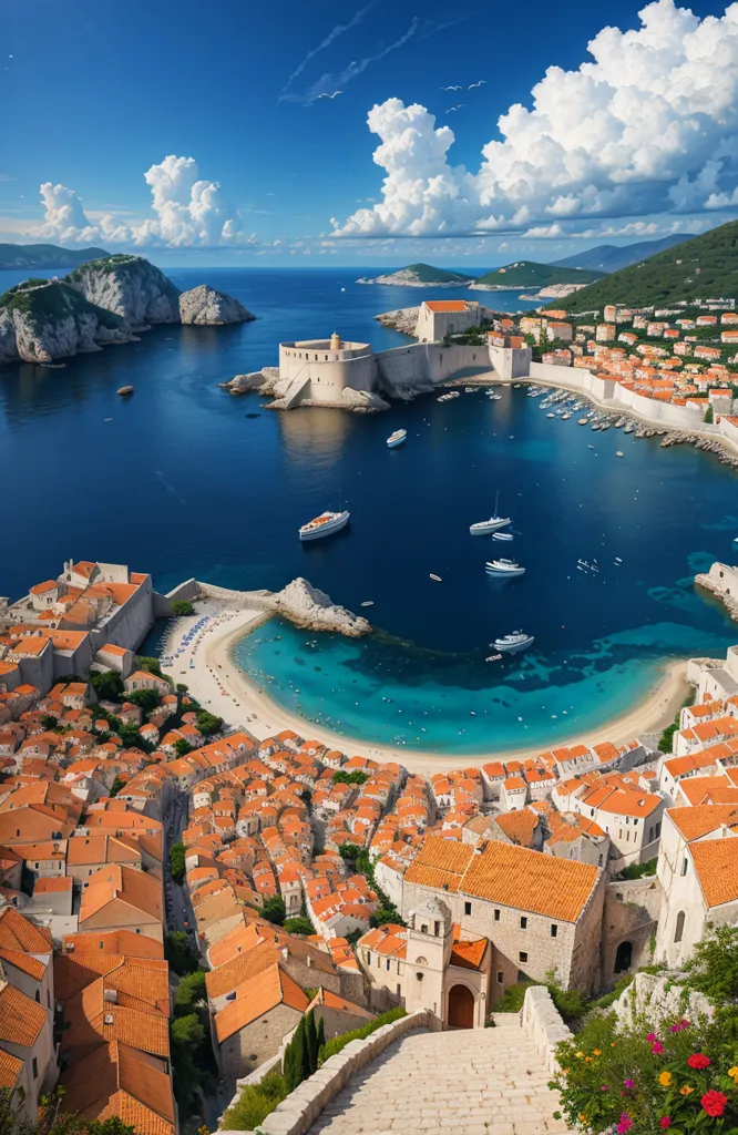 Gambar ini menunjukkan pemandangan udara yang indah dari Dubrovnik, Kroasia. Kota ini terletak di Laut Adriatik dan terkenal dengan arsitektur yang menakjubkan, termasuk Kota Tua, yang merupakan Situs Warisan Dunia UNESCO. Kota Tua dikelilingi oleh tembok dan menara, dan terdapat banyak gereja, istana, dan biara di dalamnya. Kota ini juga terkenal dengan pantai-pantainya yang indah, dan terdapat banyak pulau kecil yang terletak di dekat pantai. Air di sana sangat jernih dan sempurna untuk berenang, menyelam, dan snorkeling.