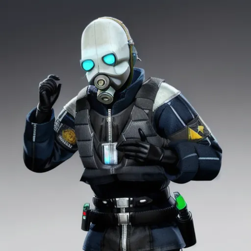 The image shows a Combine soldier from the Half-Life 2 video game series. He is wearing a white and blue mask, a black and blue uniform, and a gas mask. He is also carrying a gun. The soldier is standing in a dark room, and there is a light shining on him. He looks like he is ready to fight.