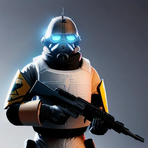 The image shows a soldier wearing a white and yellow hazmat suit. The helmet has a blue light on the forehead and the respirator has two blue lights. The soldier is also wearing a gas mask. They are holding a gun.