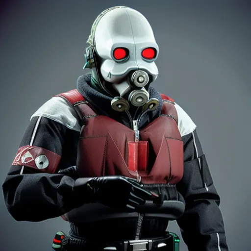 The image shows a Combine soldier from the Half-Life 2 video game series. He is wearing a white helmet with red glowing eyes, a black and red suit, and a respirator. He is also carrying a gun. The Combine are an alien race that has taken over Earth and is now oppressing the human race. The Combine soldier is a symbol of the Combine's power and oppression.