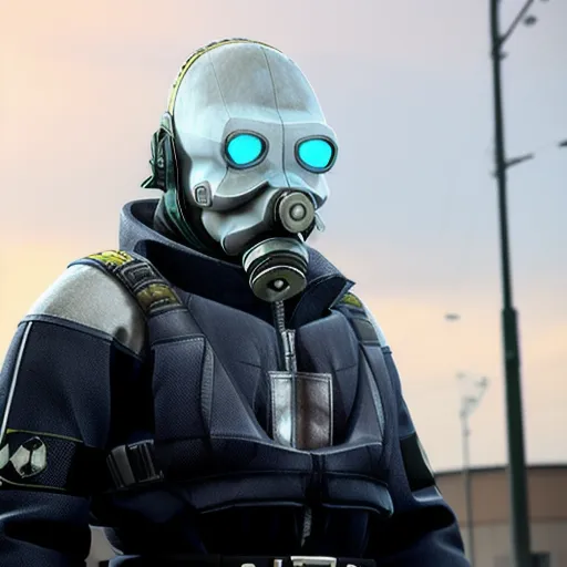 The image shows a Combine soldier from the Half-Life 2 video game series. He is wearing a white and blue mask with glowing blue eyes, and a blue and gray jumpsuit with a Combine logo on the shoulder. He is also wearing a black gas mask. The soldier is standing in a city, with a building in the background.