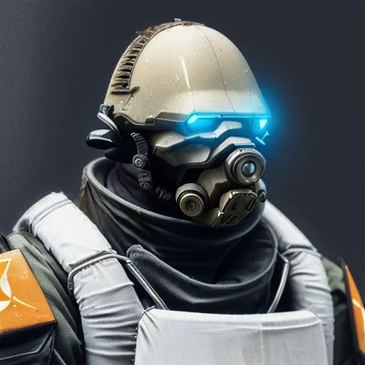 The image is of a human wearing a futuristic helmet. The helmet is white and has a visor that is glowing blue. The rest of the person's face is obscured by the helmet. They are wearing a black and white uniform. The uniform has a large orange marking on the left shoulder.