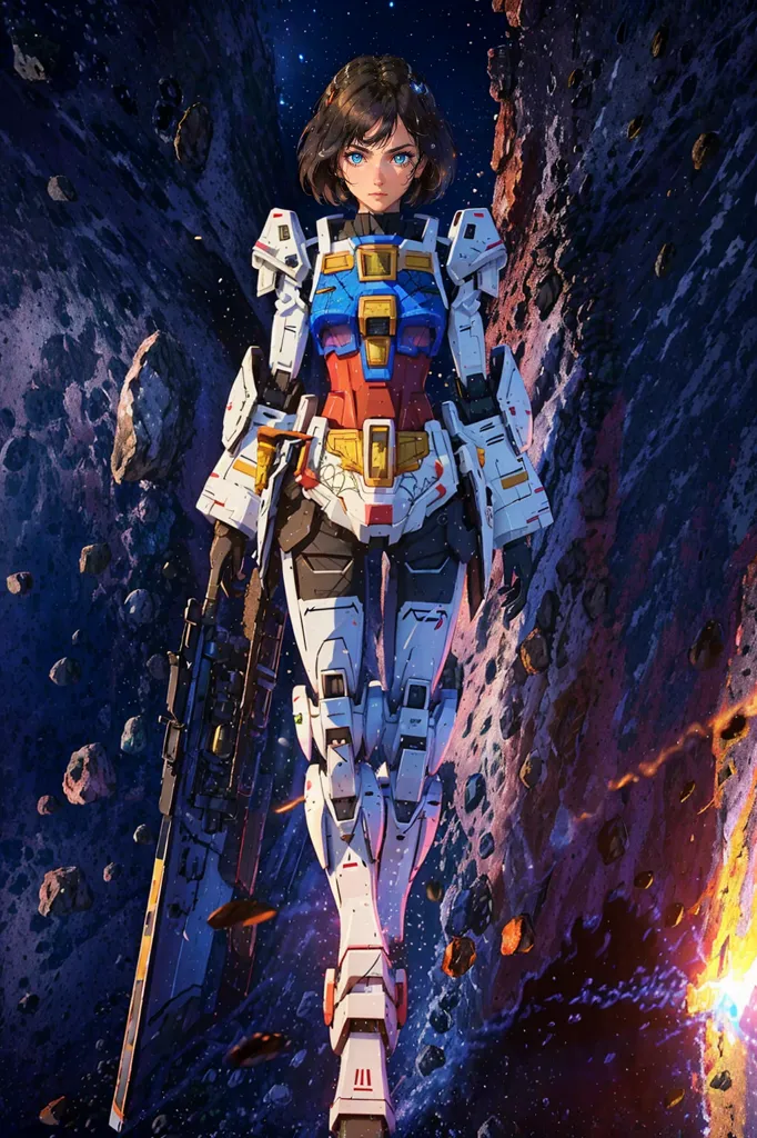 This is an illustration of a young girl in a white and red mech suit. The girl has short brown hair and blue eyes, and she is standing in a rocky canyon. She is holding a large gun in her right hand. The canyon walls are covered in large rocks, and there is a bright light in the distance.